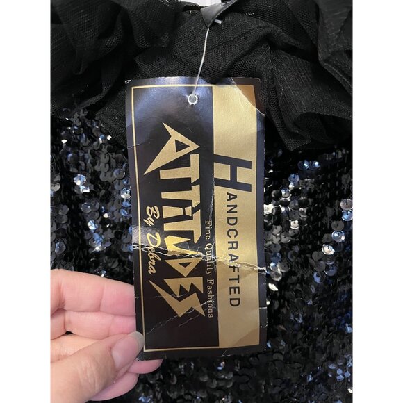 Vintage Attitudes By Debra Black Sequin Gown W/ Tulle Ruffle Neckline - Picture 7 of 7